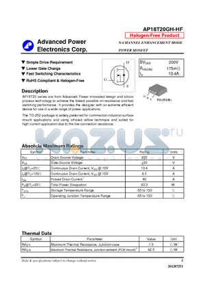 AP18T20GH-HF datasheet - N-CHANNEL ENHANCEMENT MODE POWER MOSFET