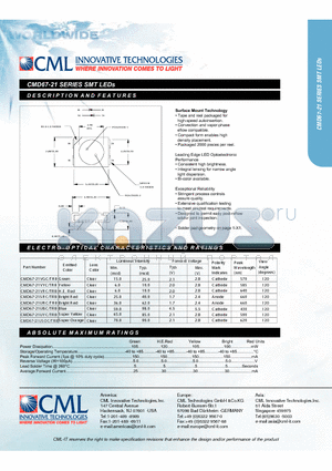 CMD67-21 datasheet - SMT LEDs Tape and reel packaged for high-speed autoinsertion
