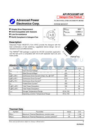 AP1RC03GMT-HF datasheet - Simple Drive Requirement, SO-8 Compatible with Heatsink