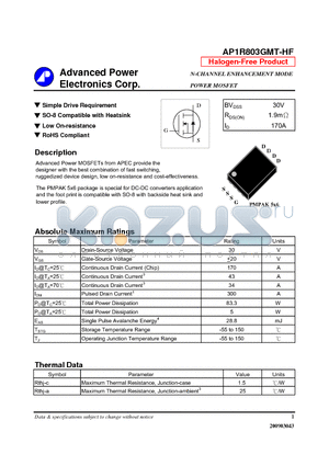 AP1R803GMT-HF datasheet - N-CHANNEL ENHANCEMENT MODE POWER MOSFET