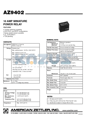 AZ9402-1A-12D datasheet - 10 AMP MINIATURE POWER RELAY