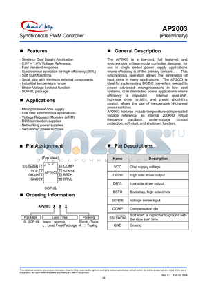 AP2003 datasheet - Synchronous PWM Controller