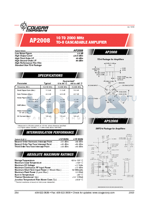 AP2008 datasheet - 10 TO 2000 MHz TO-8 CASCADABLE AMPLIFIER