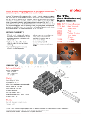 30067 datasheet - Mini-Fit^ TPA (Terminal Position Assurance) Plugs and Receptacles