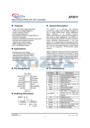 AP2011S datasheet - Synchronous PWM with VFC Controller