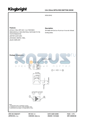 AP2012SF4C datasheet - 2.0x1.25mm INFRA-RED EMITTING DIODE