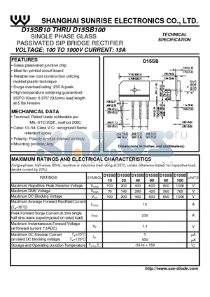 D15SB10 datasheet - SINGLE PHASE GLASS PASSIVATED SIP BRIDGE RECTIFIER