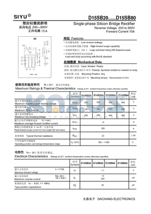 D15SB40 datasheet - Single-phase Silicon Bridge Rectifier Reverse Voltage 200 to 800V Forward Current 15A