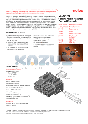 30070 datasheet - Mini-Fit^ TPA (Terminal Position Assurance) Plugs and Receptacles