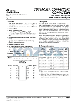 CD74AC257 datasheet - Quad 2-Input Multiplexer with Three-State Outputs