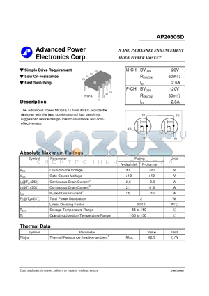 AP2030SD datasheet - N AND P-CHANNEL ENHANCEMENT MODE POWER MOSFET
