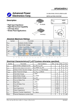 AP20G45EJ datasheet - N-CHANNEL INSULATED GATE