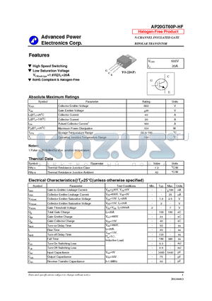 AP20GT60P-HF datasheet - N-CHANNEL INSULATED GATE BIPOLAR TRANSISTOR