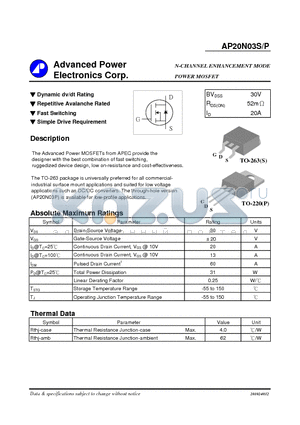 AP20N03P datasheet - N-CHANNEL ENHANCEMENT MODE