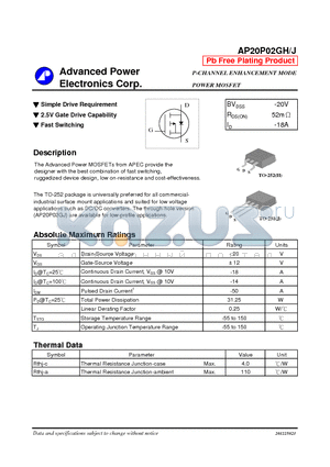 AP20P02GJ datasheet - P-CHANNEL ENHANCEMENT MODE POWER MOSFET