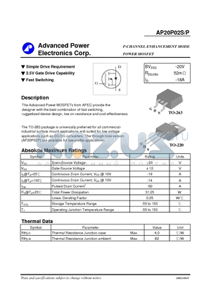 AP20P02P datasheet - P-CHANNEL ENHANCEMENT MODE POWER MOSFET