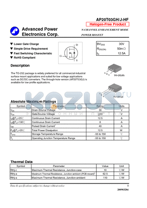 AP20T03GHJ-HF datasheet - Lower Gate Charge, Simple Drive Requirement