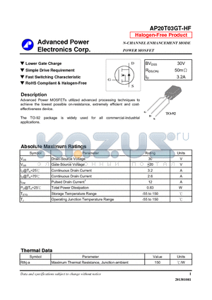 AP20T03GT-HF datasheet - Lower Gate Charge, Simple Drive Requirement