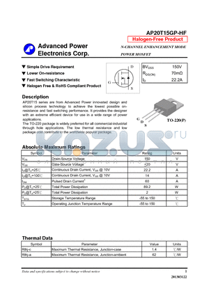 AP20T15GP-HF datasheet - N-CHANNEL ENHANCEMENT MODE POWER MOSFET