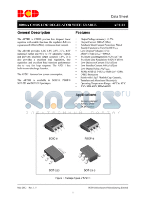 AP2111_12 datasheet - 600mA CMOS LDO REGULATOR WITH ENABLE