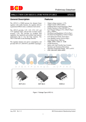 AP2112K-1.2TRG1 datasheet - 600mA CMOS LDO REGULATOR WITH ENABLE