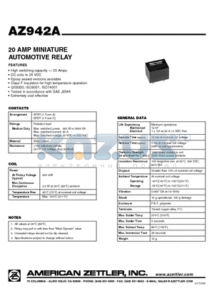 AZ942A-1CT-12D datasheet - 20 AMP MINIATURE AUTOMOTIVE RELAY