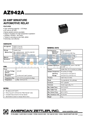 AZ942A-1CT-12DE datasheet - 20 AMP MINIATURE AUTOMOTIVE RELAY