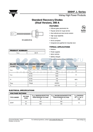 300HF40MVL2 datasheet - Standard Recovery Diodes (Stud Version), 300 A