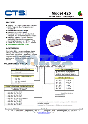 425 datasheet - Surface Mount Quartz Crystal