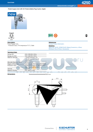 4250 datasheet - Power Supply Cord with DK Power (Mains) Plug 2-pole, Angled