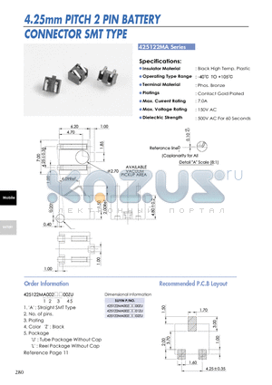 425122MA datasheet - 4.25mm PITCH 2 PIN BATTERY CONNECTOR SMT TYPE