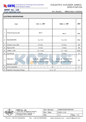 CMD810C897 datasheet - DIELECTRIC DUPLEXER SAMPLE