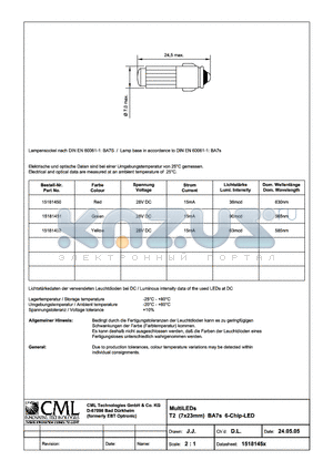 1518145X datasheet - MultiLEDs T2 (7x20mm) BA5s 6-Chip-LED