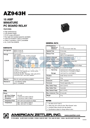 AZ943H-1CT-12D datasheet - 15 AMP MINIATURE PC BOARD RELAY