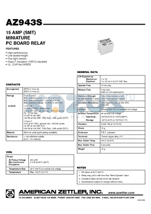 AZ943S-1CH-48DF datasheet - 15 AMP (SMT) MINIATURE PC BOARD RELAY