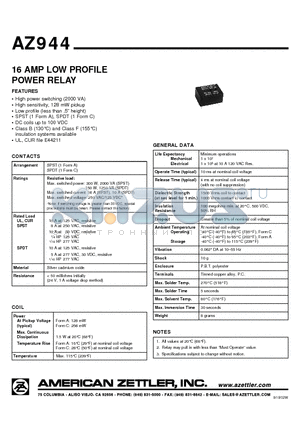 AZ944-1AH-18DE datasheet - 16 AMP LOW PROFILE POWER RELAY