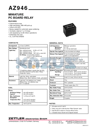 AZ946 datasheet - MINIATURE PC BOARD RELAY