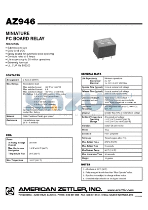 AZ946-2CH-5D datasheet - MINIATURE PC BOARD RELAY