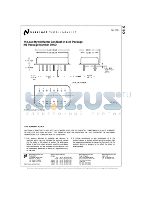 D16D datasheet - 16 Lead Hybrid Metal Can Dual-in-Line Package NS Package Number D16D