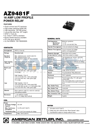 AZ9481F-1A-18D datasheet - 16 AMP LOW PROFILE POWER RELAY