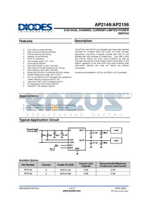AP2156SG-13 datasheet - 0.5A DUAL CHANNEL CURRENT-LIMITED POWER SWITCH