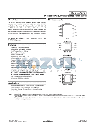 AP2171WG-7 datasheet - 1A SINGLE CHANNEL CURRENT-LIMITED POWER SWITCH