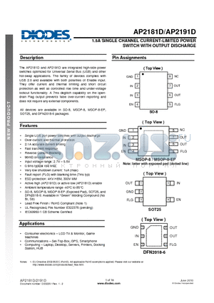 AP2181DM8G-13 datasheet - 1.5A SINGLE CHANNEL CURRENT-LIMITED POWER SWITCH WITH OUTPUT DISCHARGE