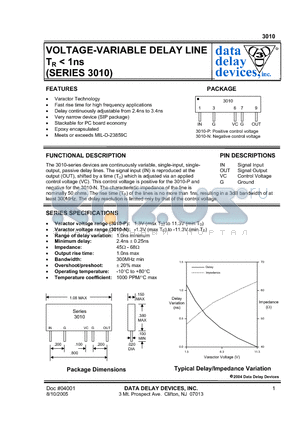 3010-P datasheet - VOLTAGE-VARIABLE DELAY LINE TR < 1ns