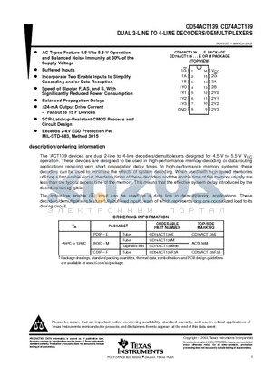 CD74ACT139EE4 datasheet - DUAL 2-LINE TO 4-LINE DECODERS/DEMULTIPLEXERS