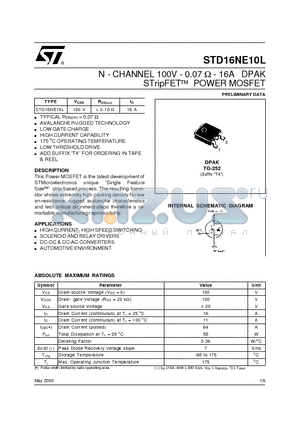D16NE10L datasheet - N - CHANNEL 100V - 0.07 ohm - 16A DPAK STripFET POWER MOSFET