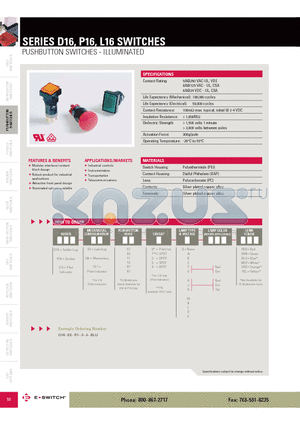 D16OAS13FREDRED datasheet - PUSHBUTTON SWITCHES - ILLUMINATED