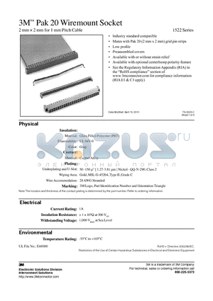 152210-0010GB datasheet - Pak 20 Wiremount Socket - 2 mm  2 mm for 1 mm Pitch Cable