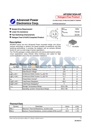 AP22N13GH-HF datasheet - N-CHANNEL ENHANCEMENT MODE POWER MOSFET