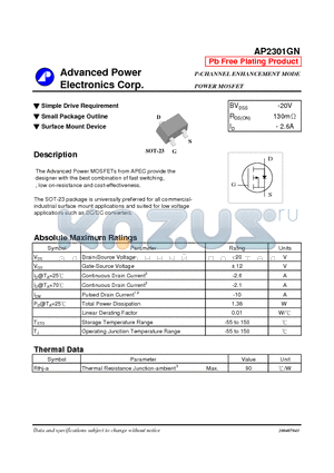 AP2301GN datasheet - P-CHANNEL ENHANCEMENT MODE POWER MOSFET